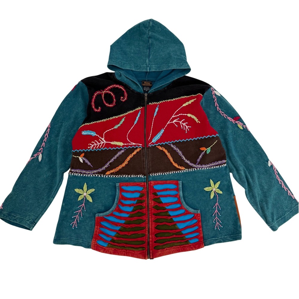 Rising International Womens XL Patchwork‎ Embroidered Zip Up Hoodie Nepal Teal